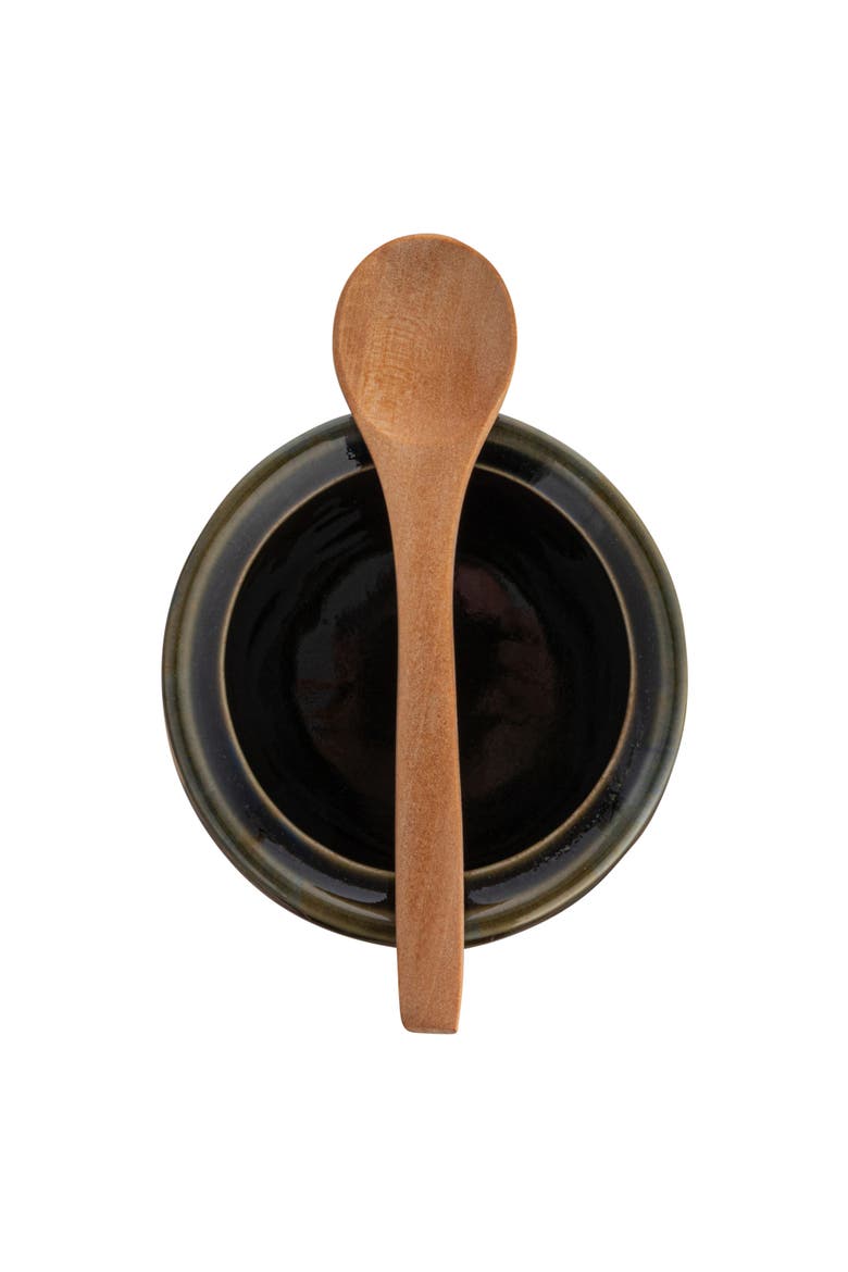 Stoneware Sugar Pot with Lid and Wood Spoon, Deep Green Glaze, Alternate, color, Green