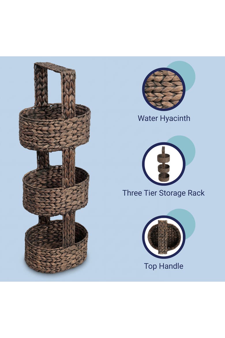 Riverbend Coastal Handwoven Water Hyacinth 3-Tier Round Basket Freestanding Storage Tower Stand with Top Handle, Alternate, color, Brown