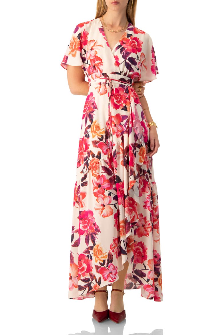 Crossed V-Neck Wrap  Floral Maxi Dress, Main, color, Ivory