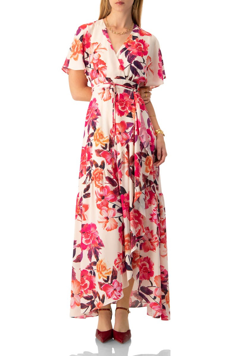 IVONNE Crossed V-Neck Wrap Floral Maxi Dress, Main, color, Ivory