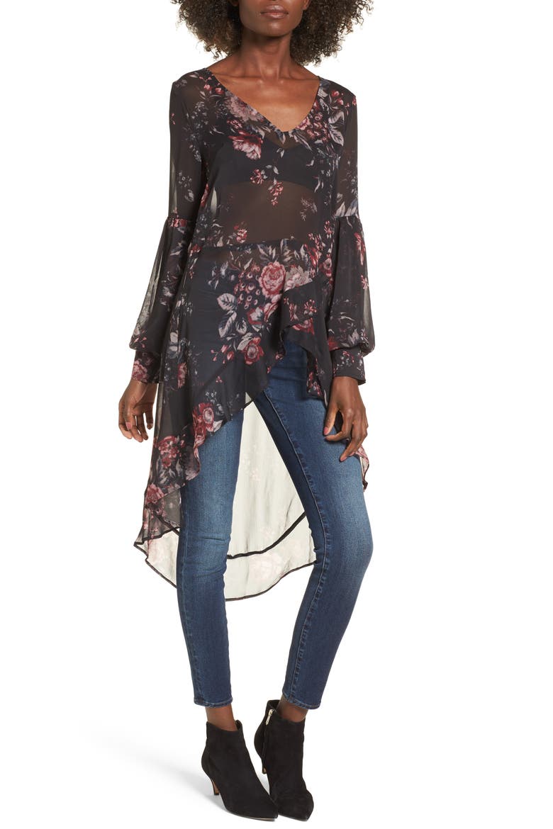High/Low Ruffle Top, Main, color, BLACK PHOTO REAL FLORAL