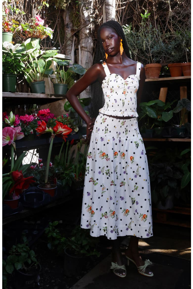 Flower & Polka Dot Smocked Waist Midi Skirt, Alternate, color, CREAM SCATTERED BOTANICAL