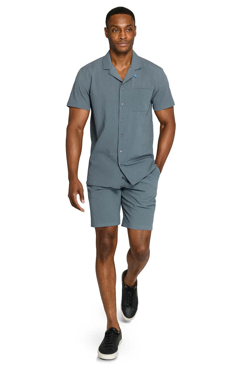 Crinkle Short Sleeve Button-Up Camp Shirt, Alternate, color, BLUE