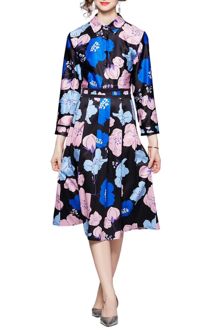 Floral Long Sleeve Midi Dress, Main, color, BLACK AND FLORAL PRINT