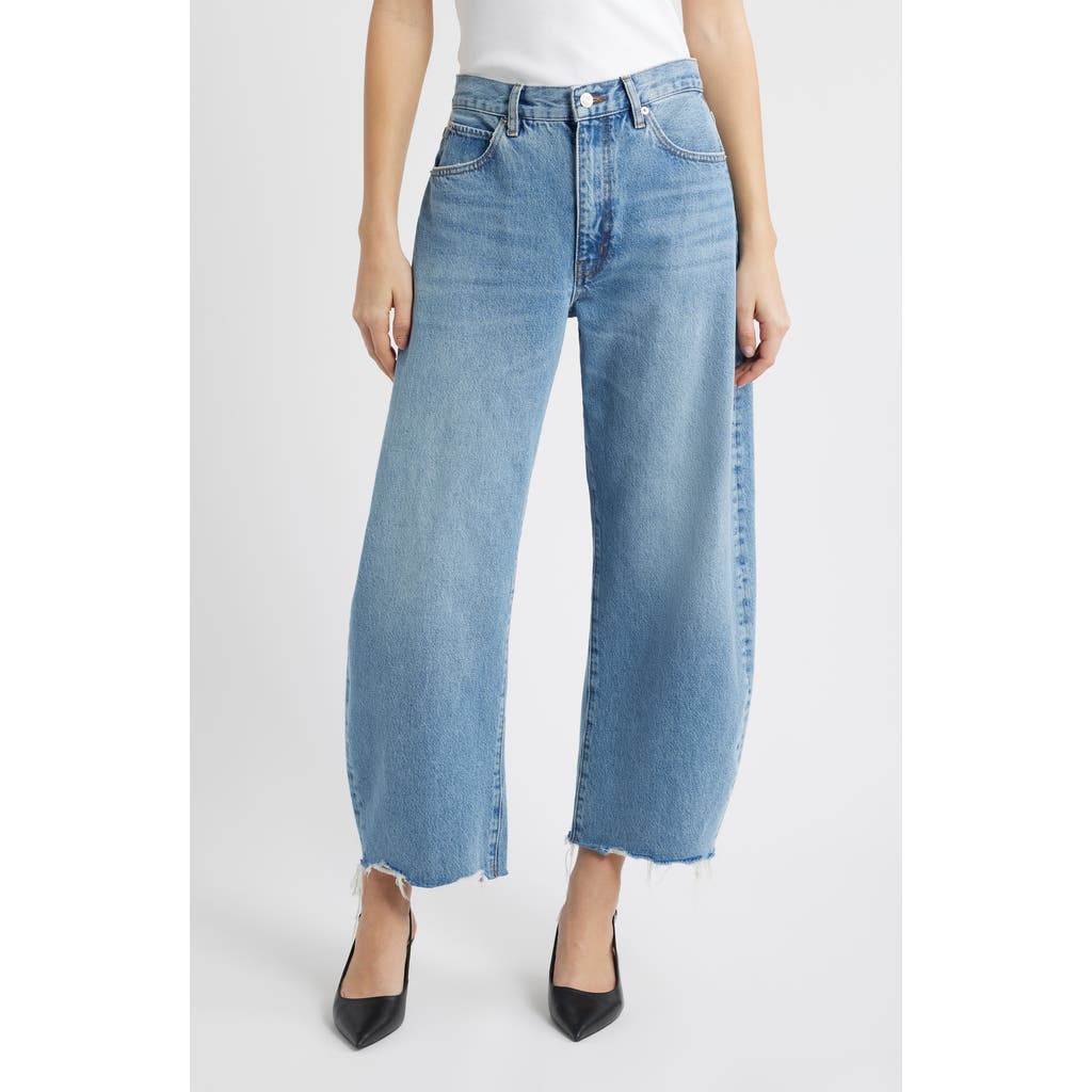 FRAME The Bubble Raw Hem Crop Barrel Leg Jeans in Rapture Raw Fray at Nordstrom, Size 27