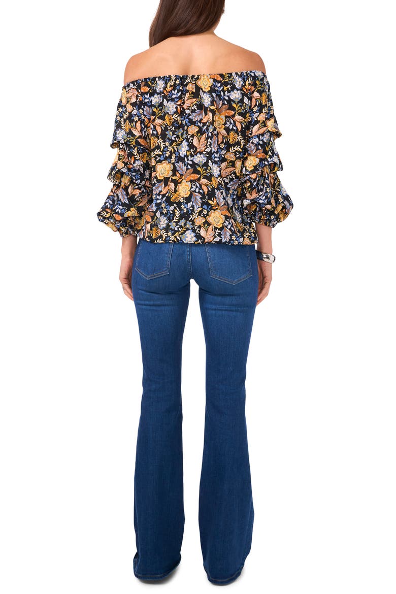 Floral Off the Shoulder Bubble Sleeve Top, Alternate, color, RICH BLACK