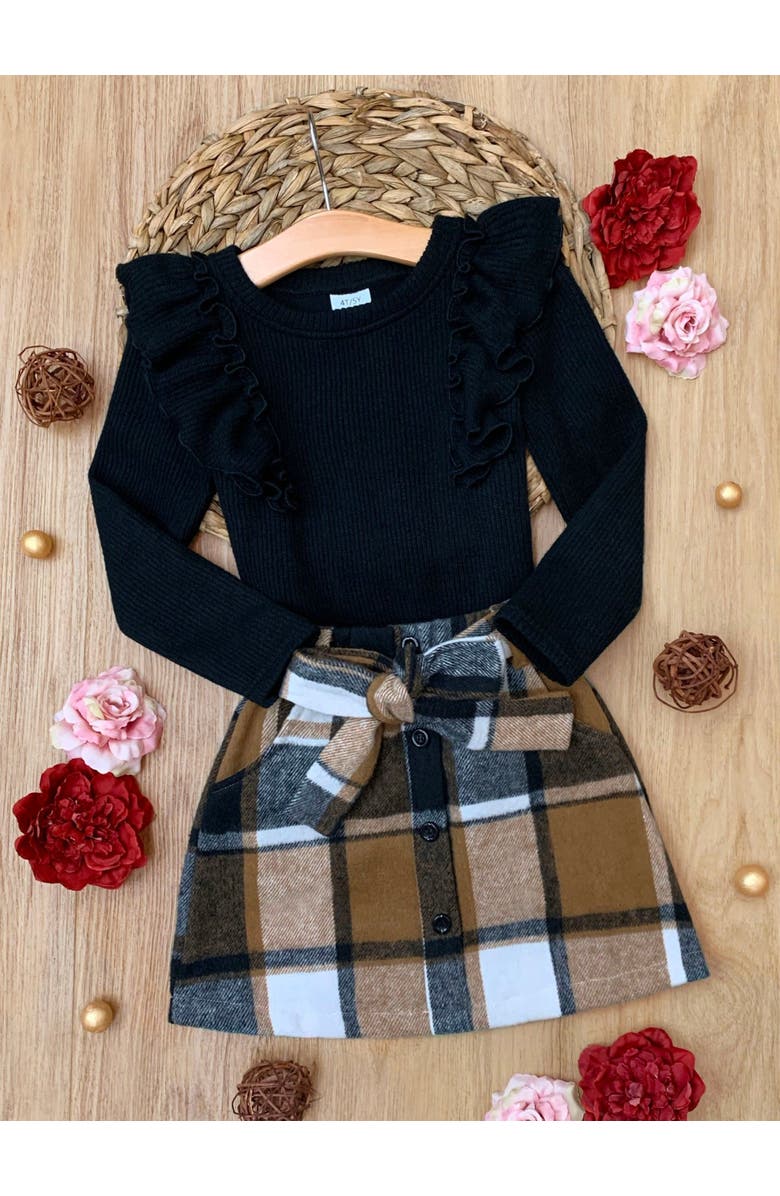 Mia Belle Girls Classic Ruffled Top and Skirt Set, Alternate, color, Brown