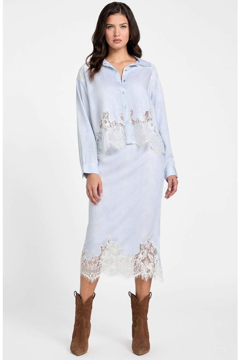 Evie Lace Trim Denim Shirt, Alternate, color, NIMBUS BLUE