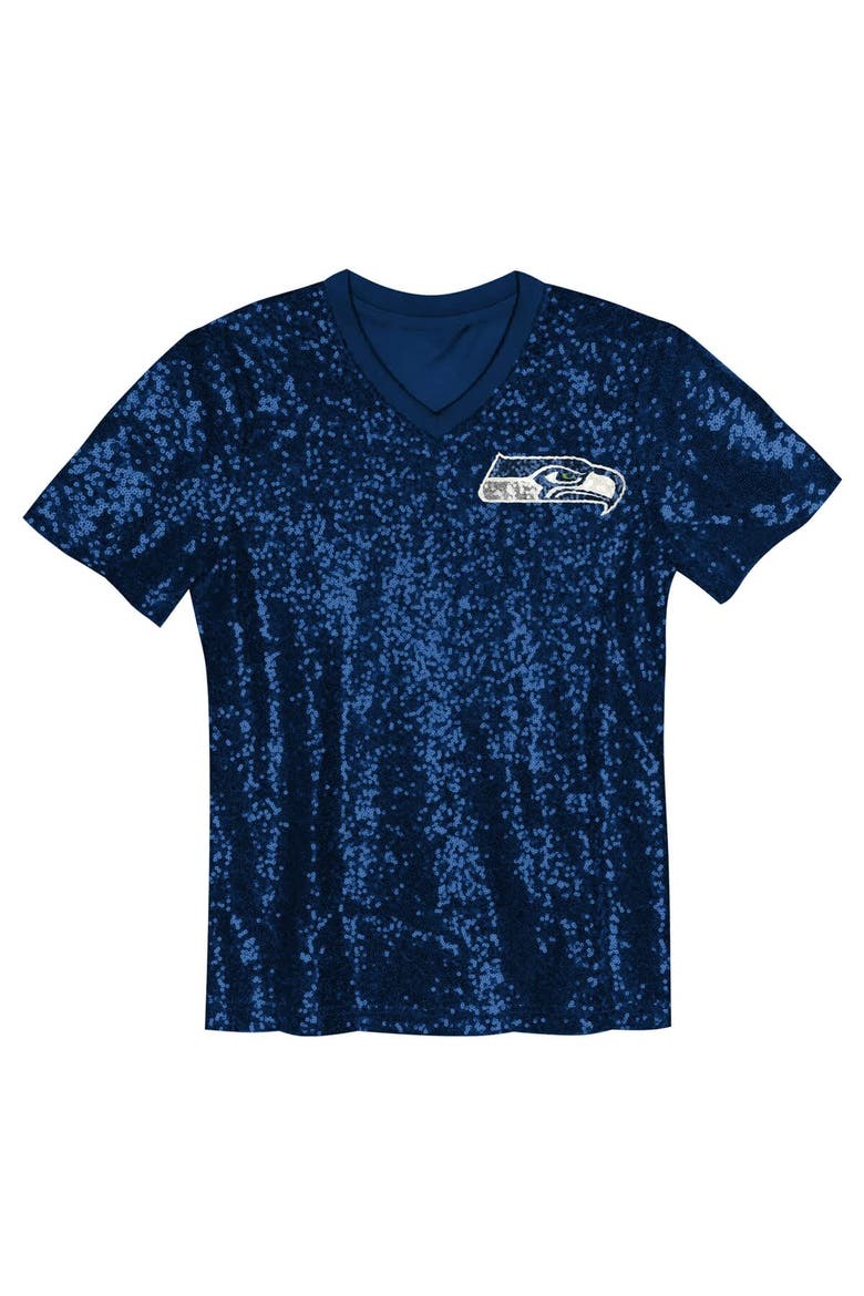 Girls Youth 12 Fan College Navy Seattle Seahawks Sequin V-Neck Fashion Jersey, Alternate, color, College Navy