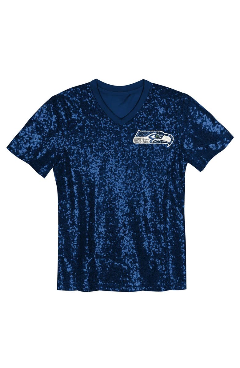 Outerstuff Girls Youth 12 Fan College Navy Seattle Seahawks Sequin V-Neck Fashion Jersey, Alternate, color, College Navy