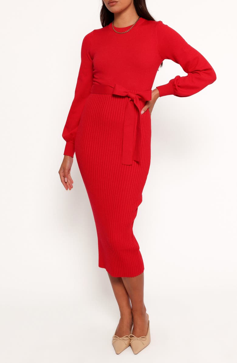 Petal & Pup Helena Belted Long Sleeve Sweater Dress, Main, color, Red