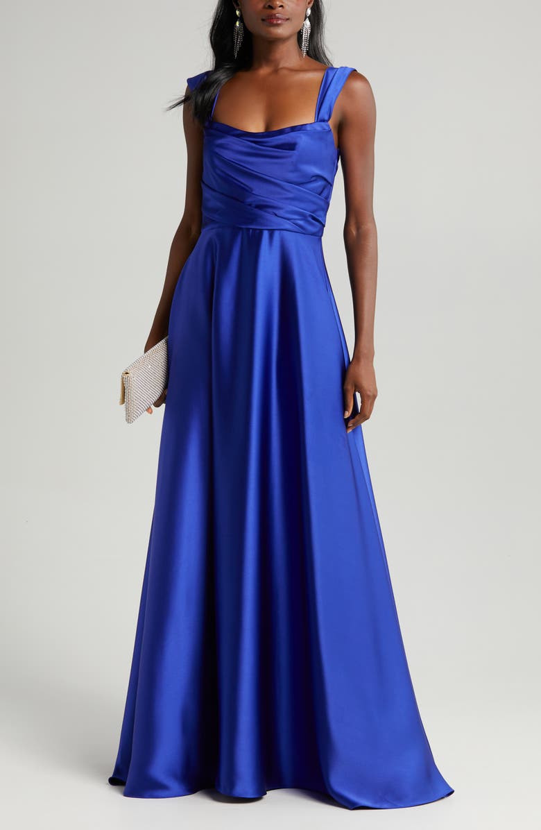 Amsale Off the Shoulder Satin Gown, Main, color,
