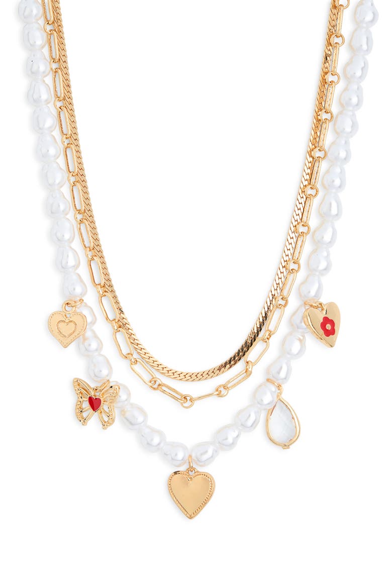 Faux Pearl Layered Charm Necklace, Main, color, GOLD MULTI