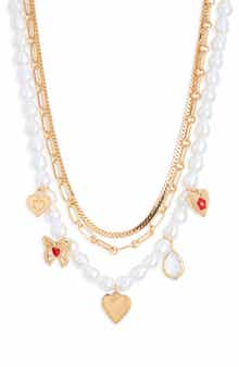 Faux Pearl Layered Charm Necklace
