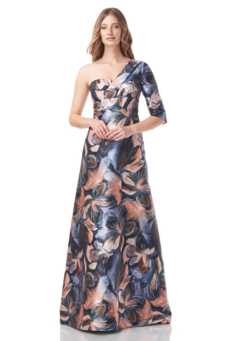 Mia One-Shoulder Jacquard A-Line Gown, Alternate, color, TERRA COTTA/ TEAL FLORAL PRINT
