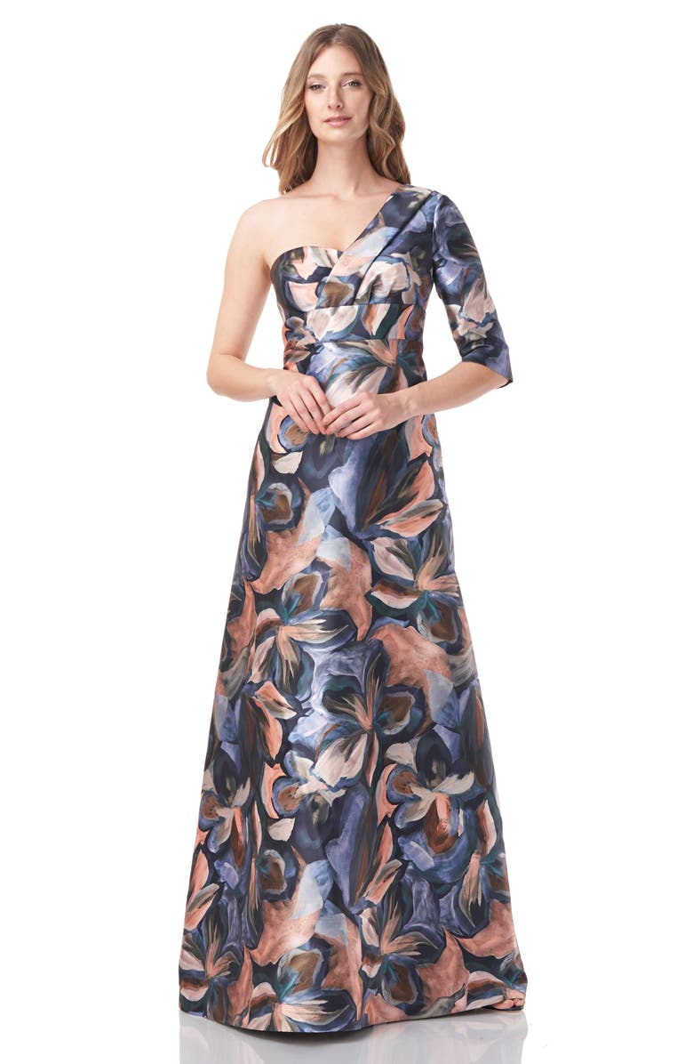 Kay Unger Mia One-Shoulder Jacquard A-Line Gown, Alternate, color,