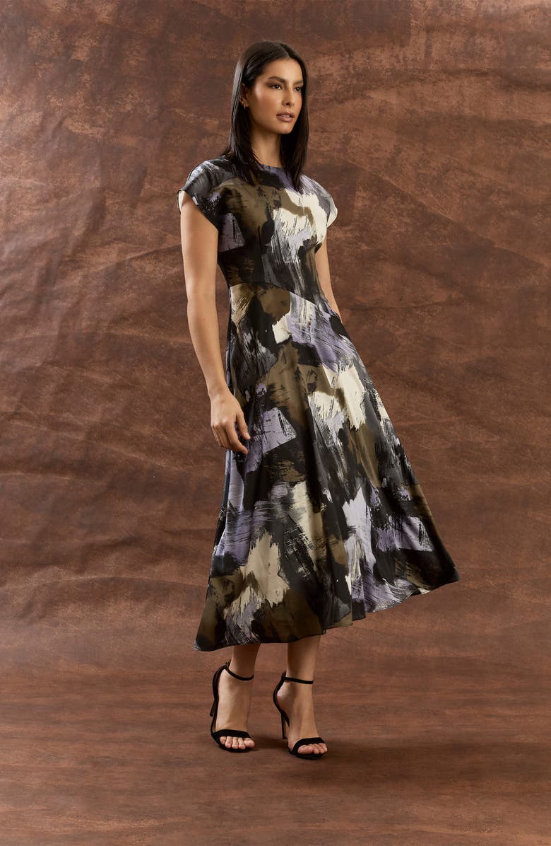 Maggy London Cap Sleeve Fit & Flare Midi Dress, Alternate, color, Black Olive/ Green Lavender
