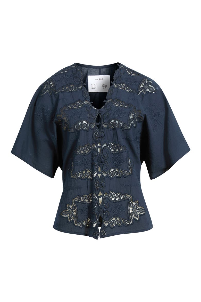 Embroidered Lace Short Sleeve Cotton Shirt, Alternate, color, NAVY VINTAGE LACE