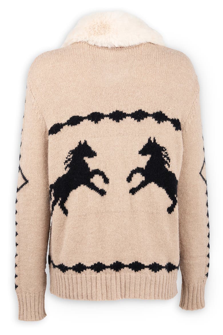 Horse Motif Cardigan with Faux Fur Collar, Alternate, color, BEIGE