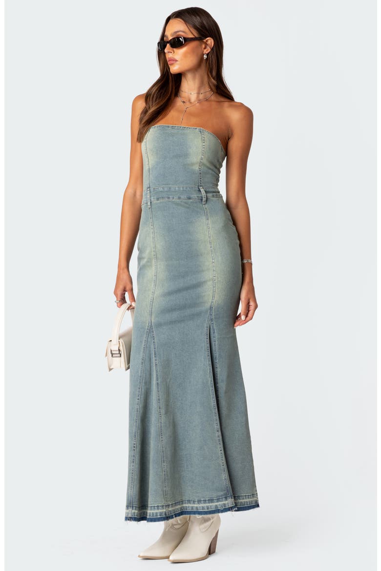 Astoria Strapless Release Hem Denim Maxi Dress, Alternate, color, BLUE-WASHED
