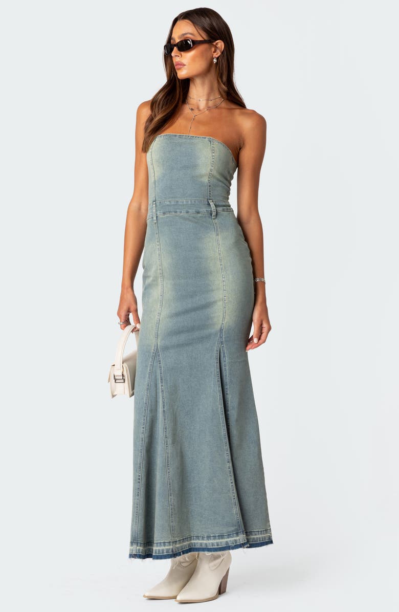 EDIKTED Astoria Strapless Release Hem Denim Maxi Dress, Alternate, color, Blue-Washed