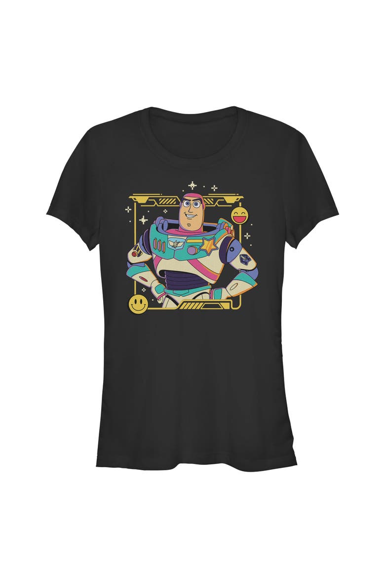 Junior's Toy Story 5 Buzz Smile Emoticon  Graphic T-Shirt, Main, color, Black
