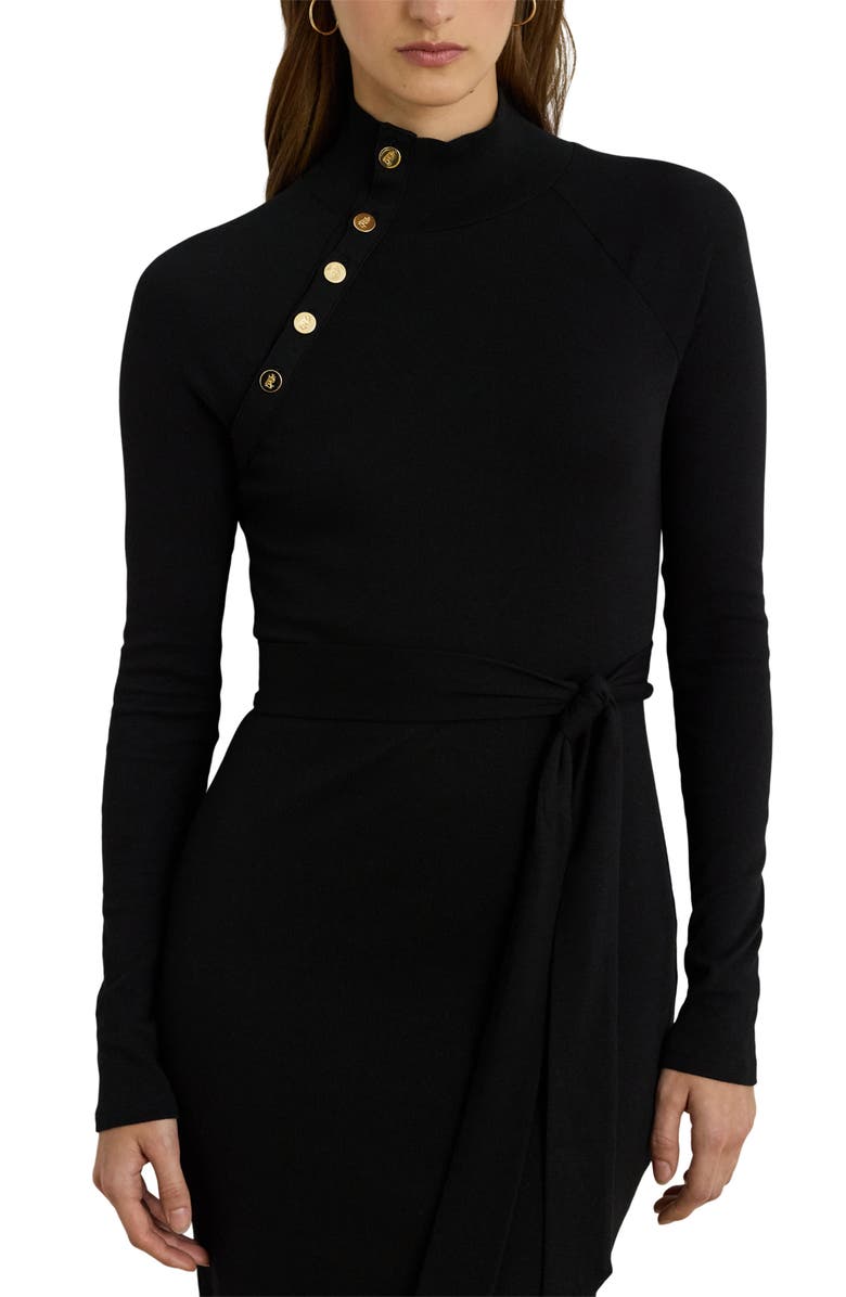 Lauren Ralph Lauren Long Sleeve Cotton Blend Rib Dress, Alternate, color, Black
