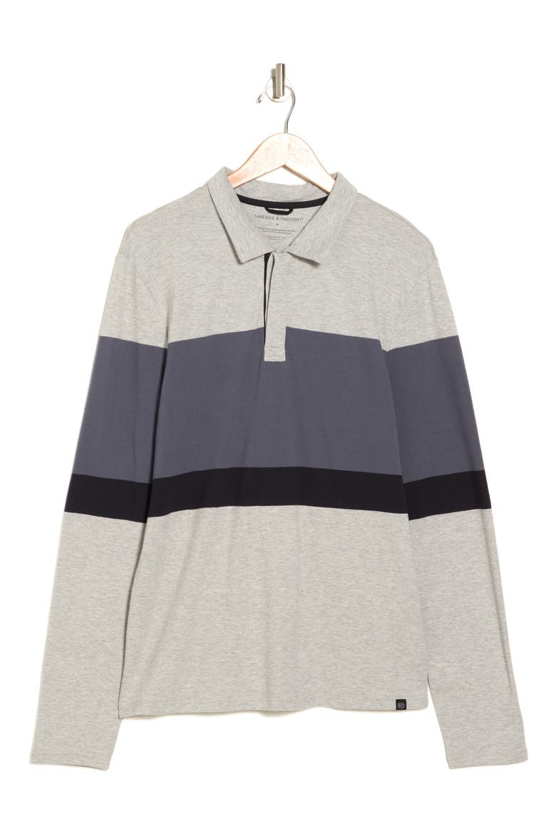 Piqué Organic Cotton Blend Colorblock Stripe Long Sleeve Polo, Alternate, color, HEATHER GREY / CARBON