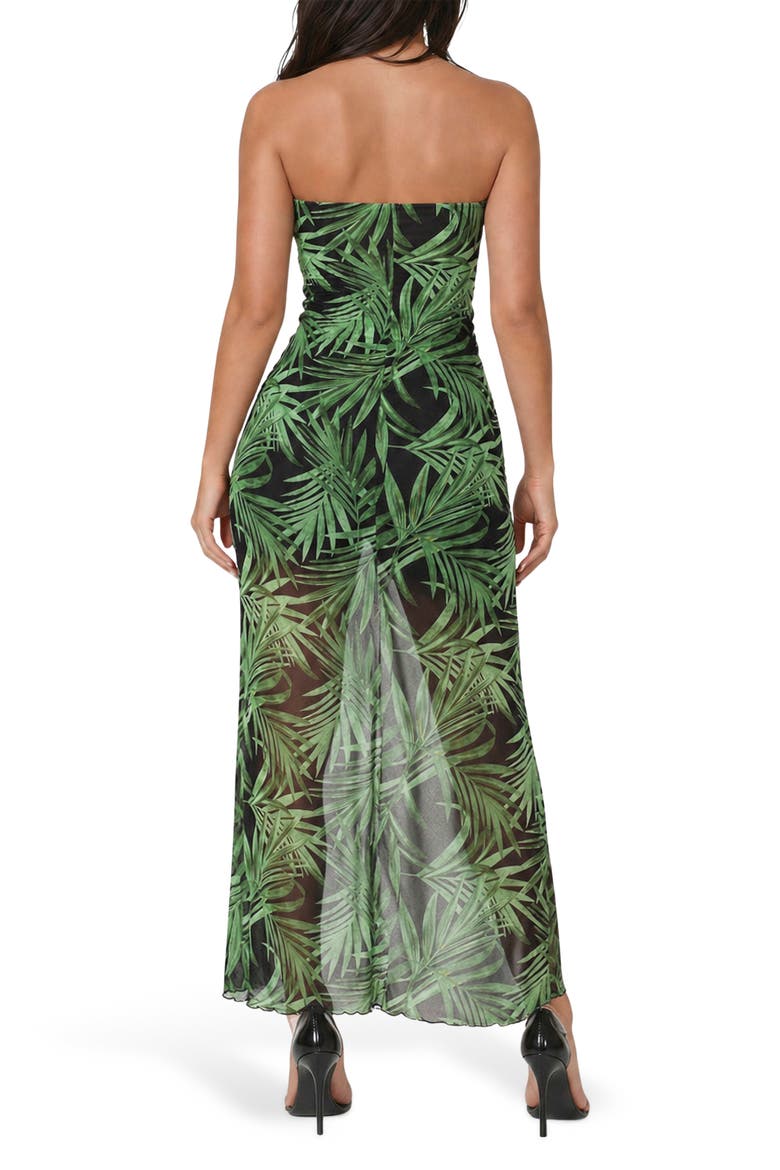 Palm Print Strapless Mesh Maxi Dress, Alternate, color, BLACK GREEN