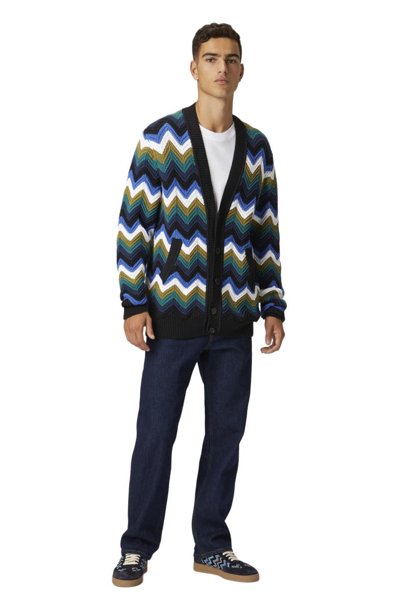 Missoni Chevron Knit Cardigan With Pockets And Contrasting Piping, Alternate, color, Blue