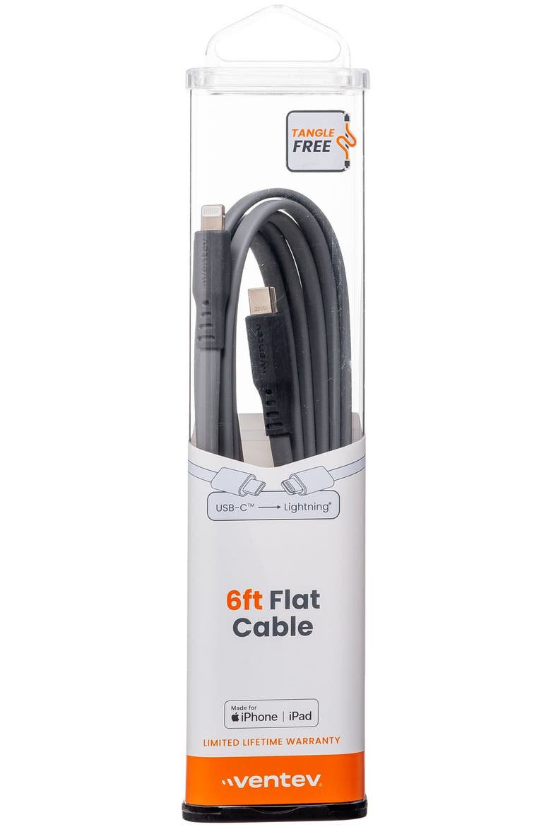 Flat USB-C to Apple Lightning High Speed Tangle-Free 6 Foot Cable, Alternate, color, Grey