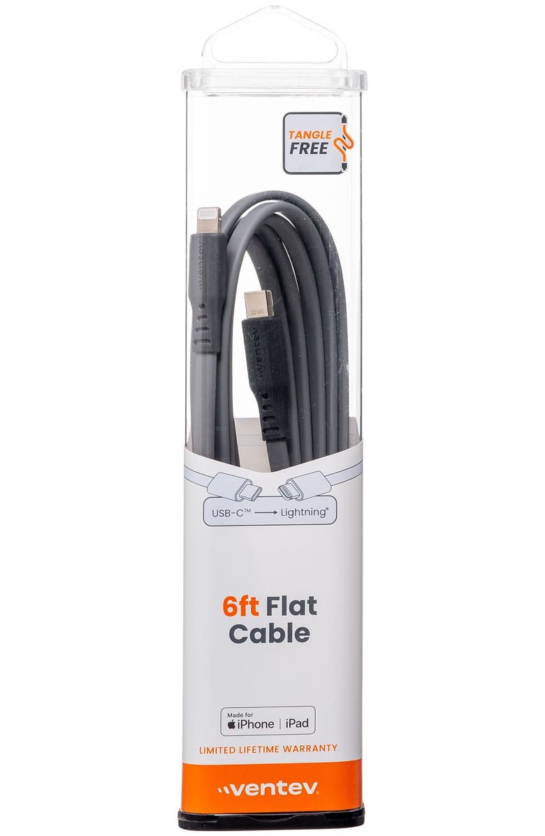Ventev Flat USB-C to Apple Lightning High Speed Tangle-Free 6 Foot Cable, Alternate, color, Gray