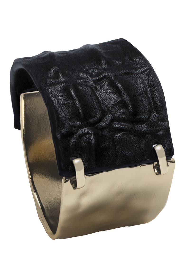 Hammered Metal & Leather Cuff Bracelet, Main, color, GOLD