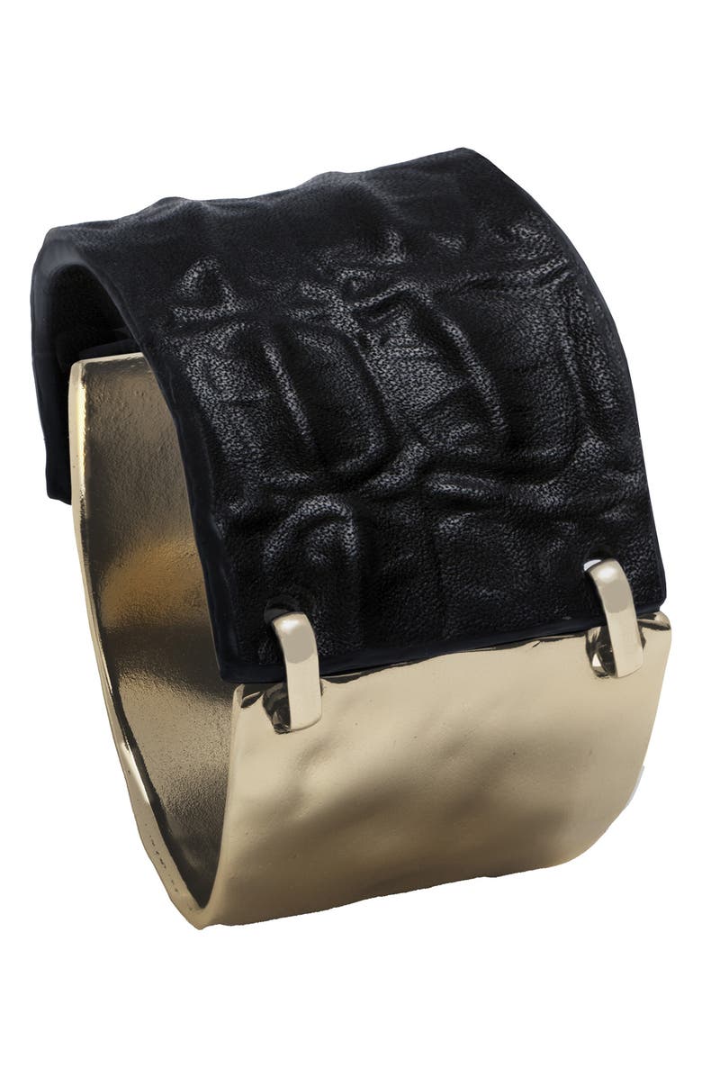 SAACHI Hammered Metal & Leather Cuff Bracelet, Main, color, Gold