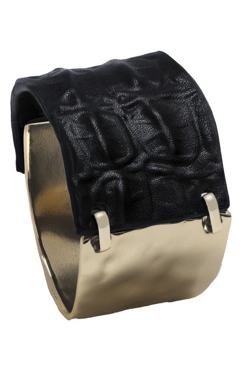 Hammered Metal & Leather Cuff Bracelet