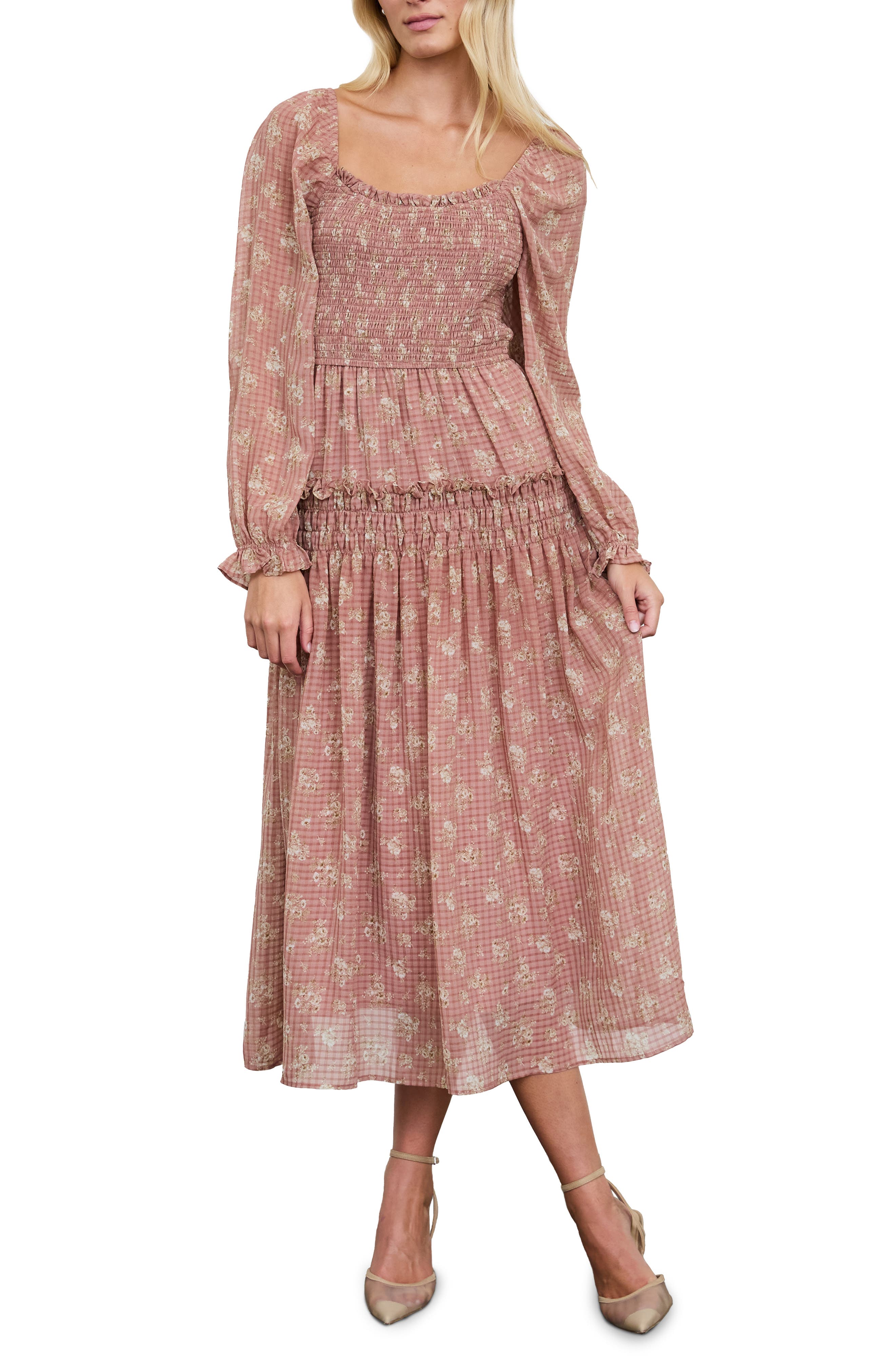 Smocked Long Sleeve Midi Dress