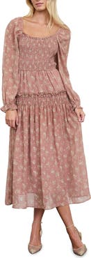 AUGUST SKY Smocked Long Sleeve Midi Dress
