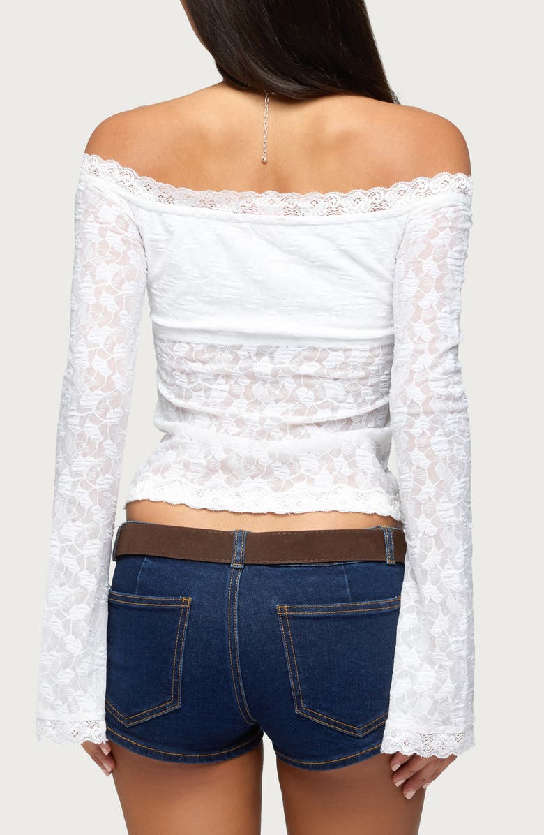 EDIKTED Off the Shoulder Sheer Lace Top, Alternate, color,