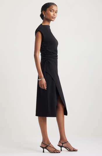 Ruched Funnel Neck Midi Dress