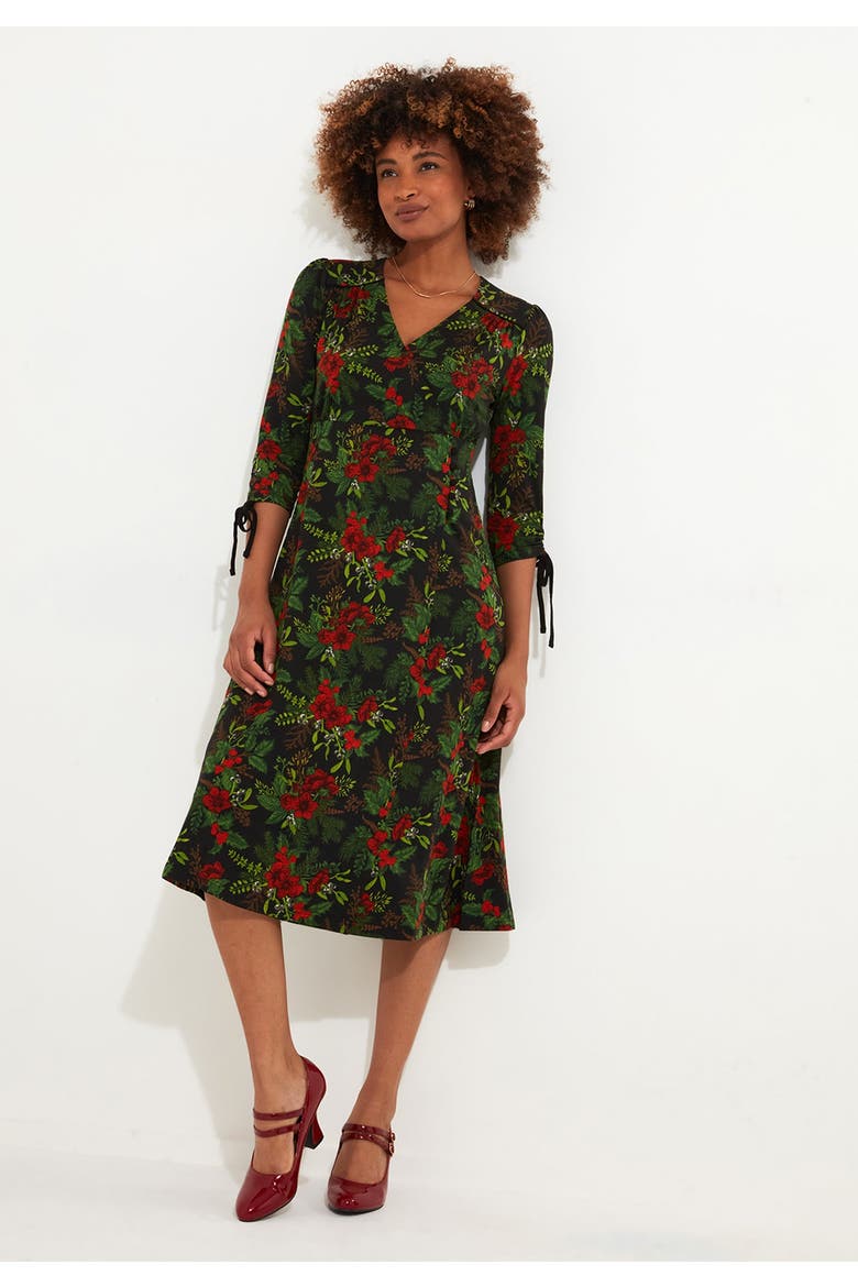 Stretch Knit Faux Wrap Midi Dress, Alternate, color, PRETTY POINSETTIA FLORAL