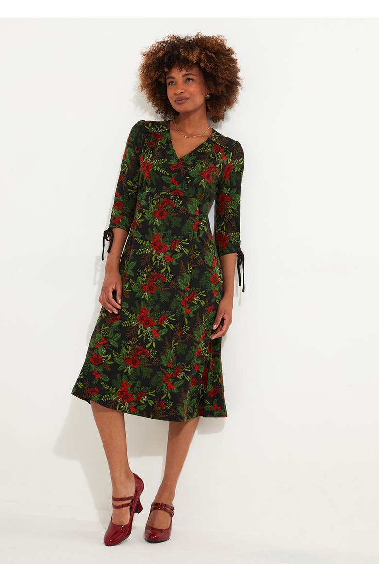 Joe Browns Stretch Knit Faux Wrap Midi Dress, Alternate, color, Pretty Poinsettia Floral