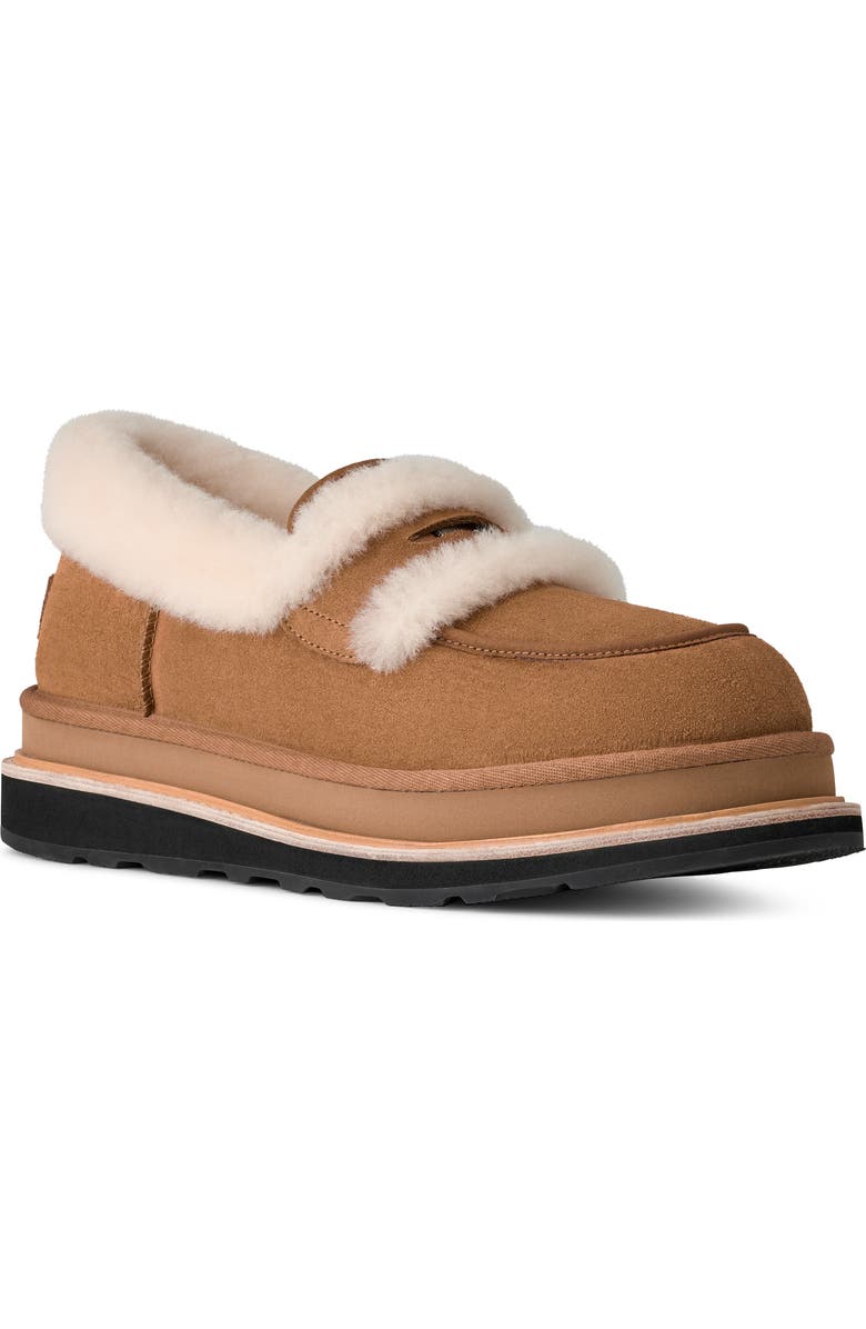 UGG<sup>®</sup> x Sacai Gender Inclusive Genuine Shearling Trim Penny Loafer, Main, color, Chestnut