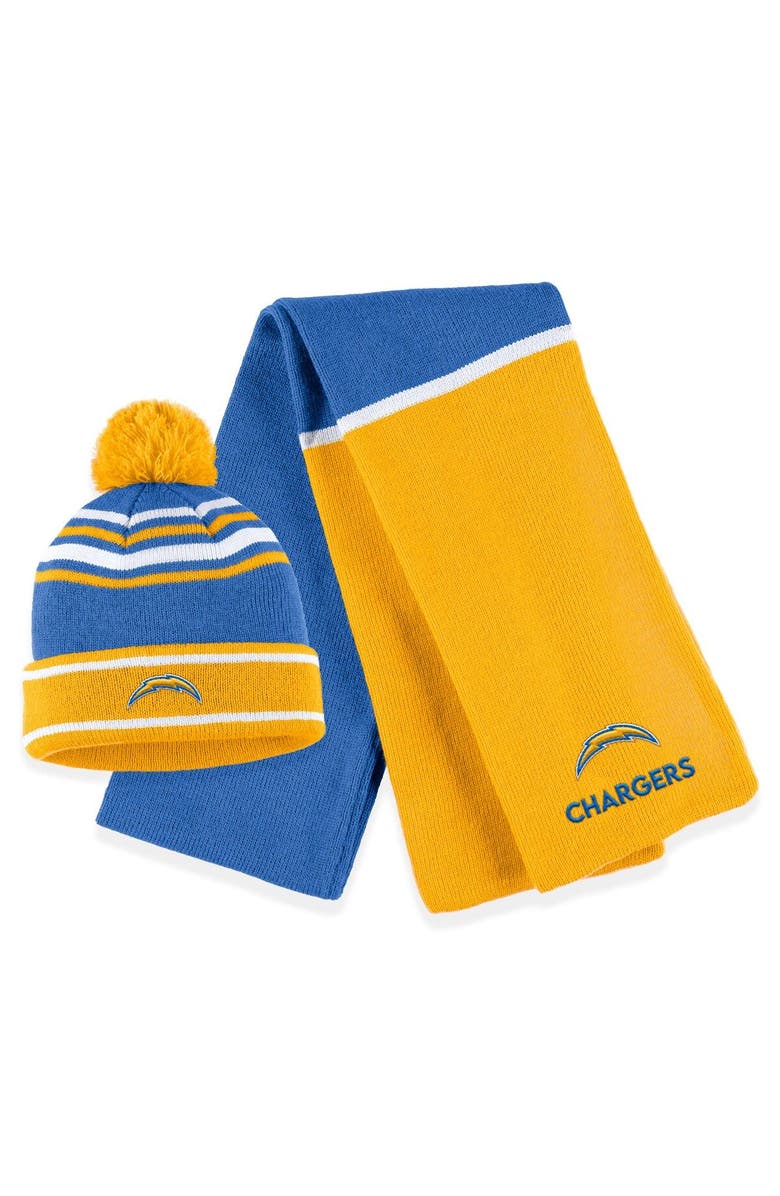WEAR by Erin Andrews Women's WEAR by Erin Andrews Powder Blue Los Angeles Chargers Colorblock Cuffed Knit Hat with Pom and Scarf Set, Main, color, Powder Blue