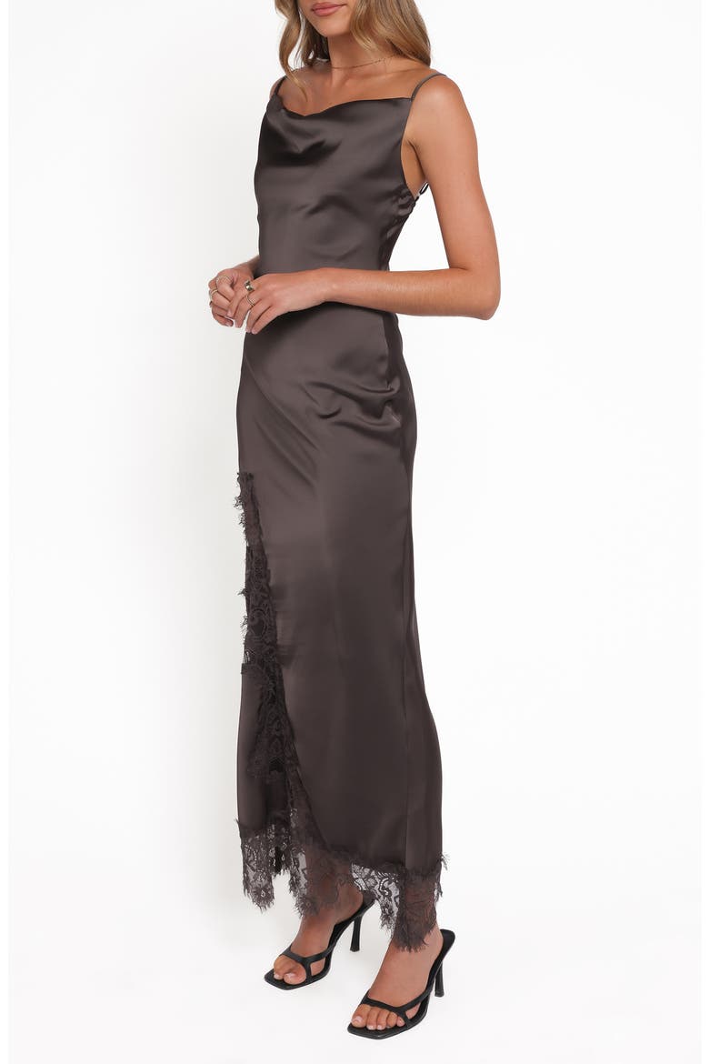 Jeneva Lace Trim Satin Maxi Dress, Alternate, color, BROWN