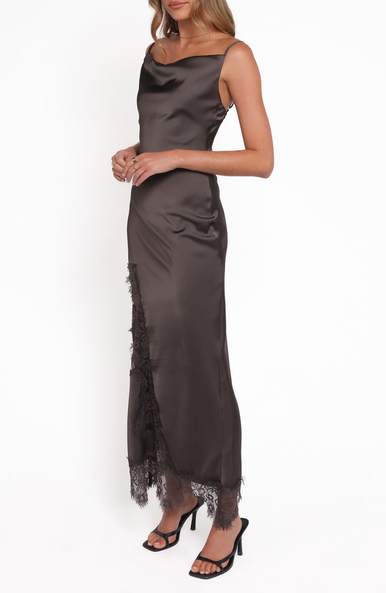 Petal & Pup Jeneva Lace Trim Satin Maxi Dress, Alternate, color, Brown