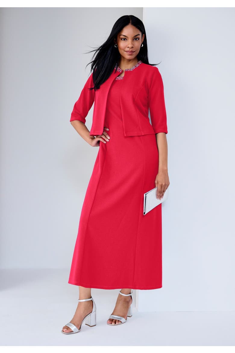 2-Piece Beaded Jacket Dress, Alternate, color, VIVID RED BEADED NECK