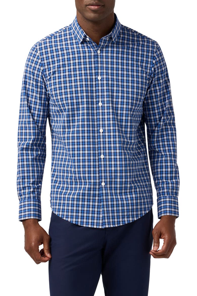Leeward Trim Fit Navy Plaid No Tuck Button-Up Shirt, Main, color, COBALT CAYDEN PLAID
