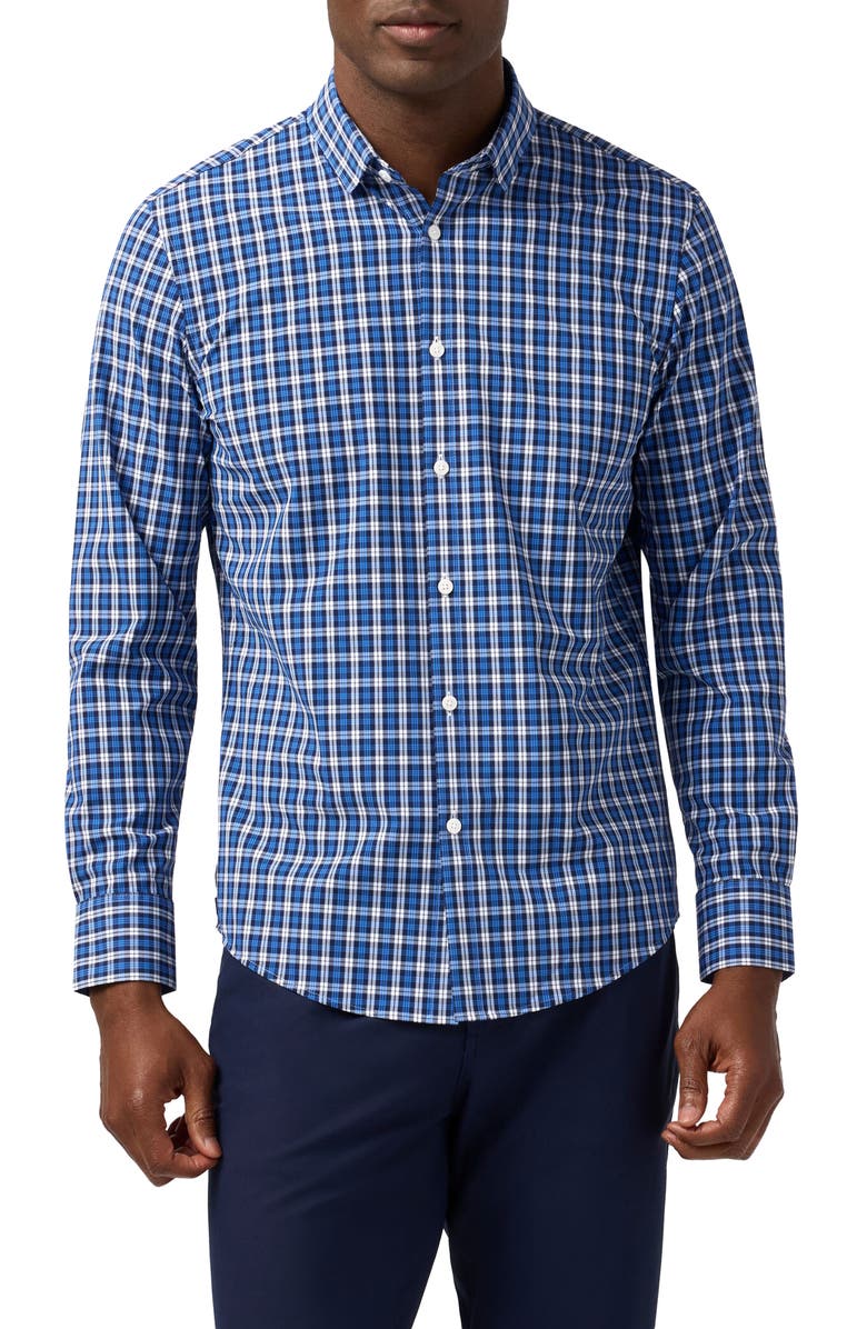 Mizzen+Main Leeward Trim Fit Navy Plaid No Tuck Button-Up Shirt, Main, color, Cobalt Cayden Plaid