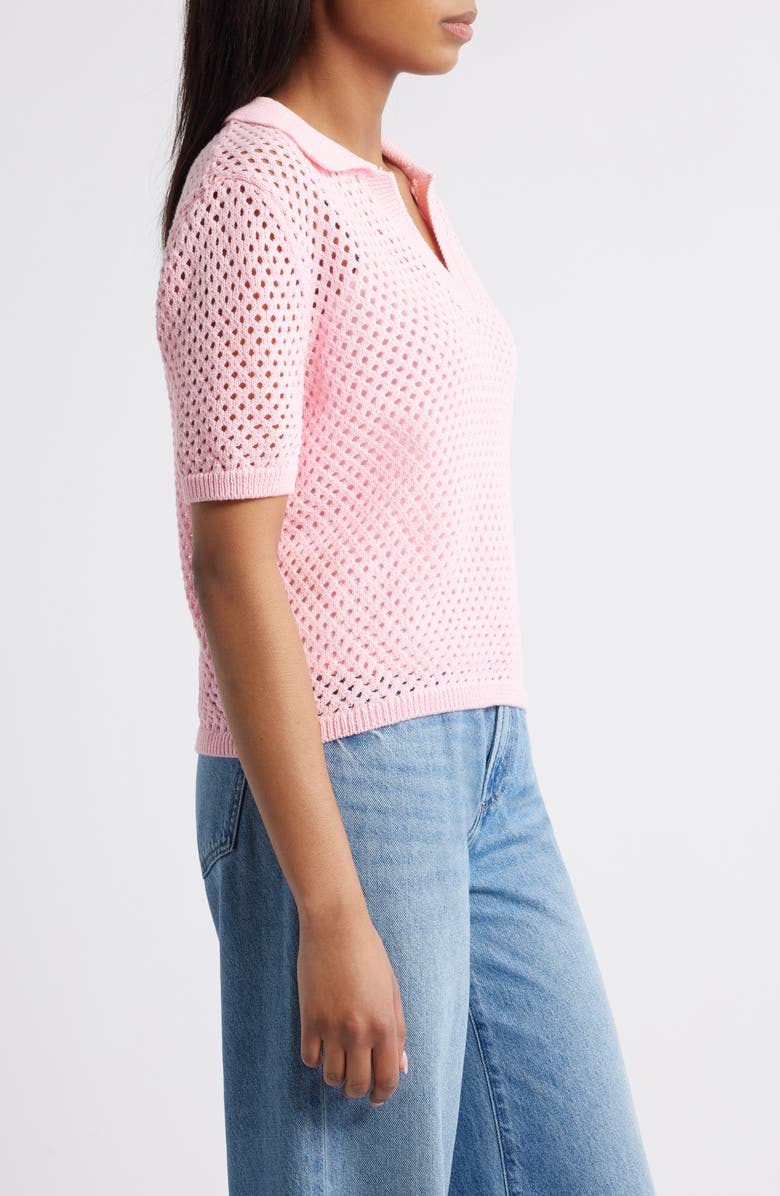 beachlunchlounge Tae Short Sleeve Open Knit Polo Sweater, Alternate, color, Petal Pink