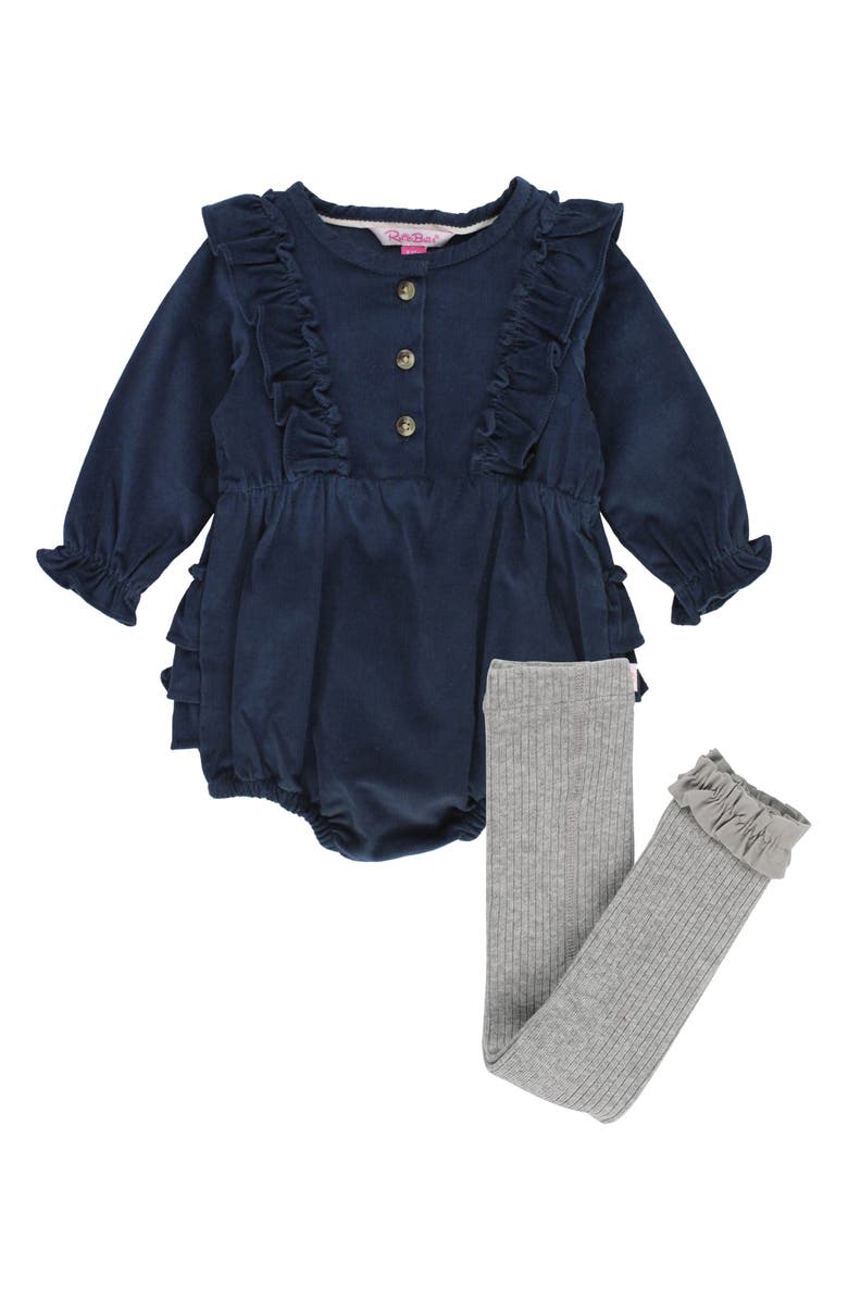 RuffleButts Ruffle Stretch Corduroy Romper & Rib Footless Tights Set, Main, color, 